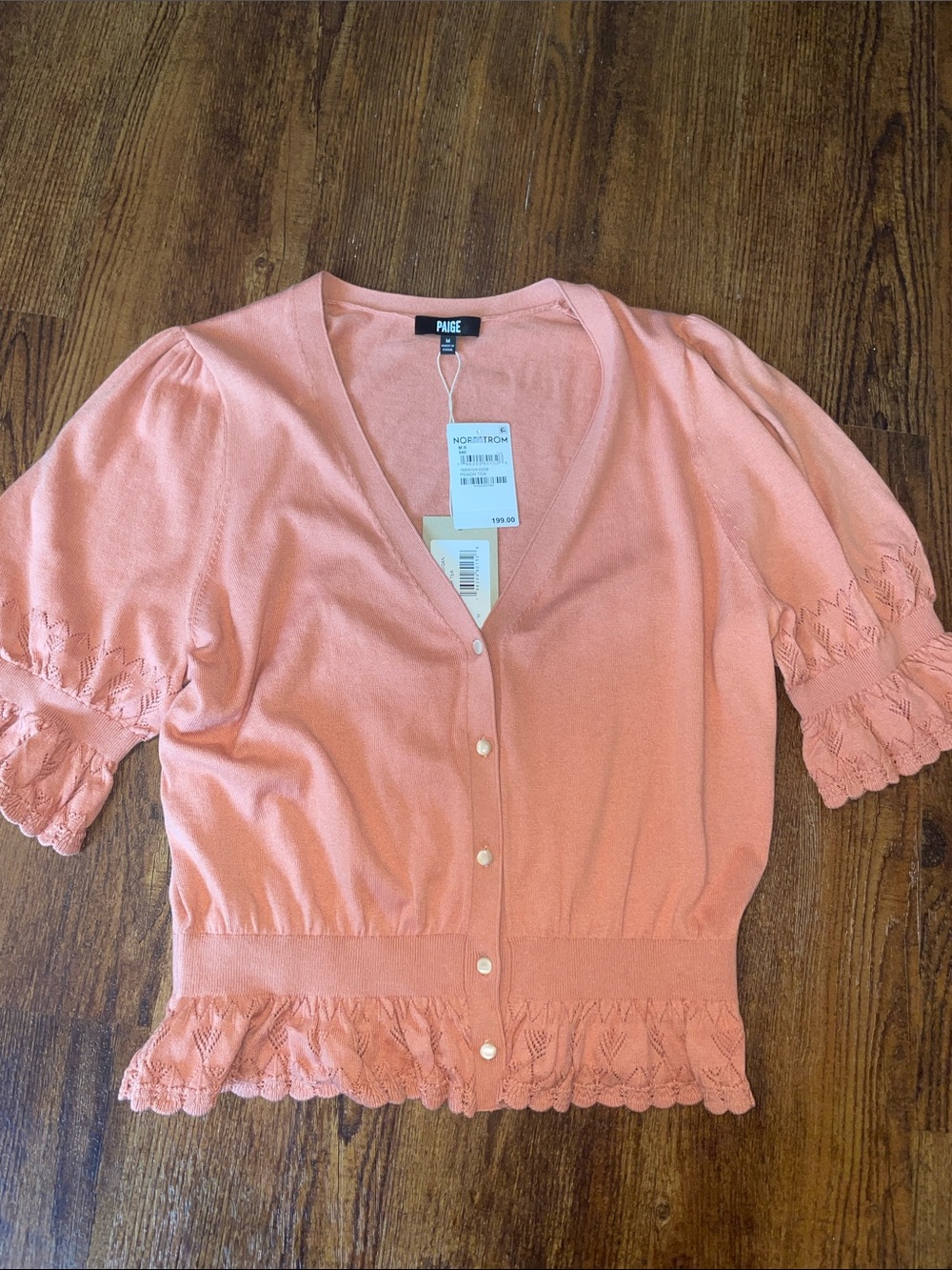 PAIGE Coral Pink Short Sleeve Lace-Trim Cardigan